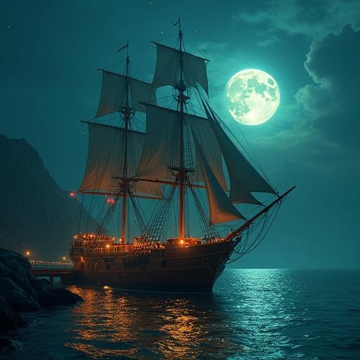 Tall ship under glowing full moon in fantasy harbor. Digital painting showcasing cinematic fantasy realism style. Lantern-lit wooden hulls are visible. Starry sky and magical moonlight reflection enhance the scene with deep oranges and teals.