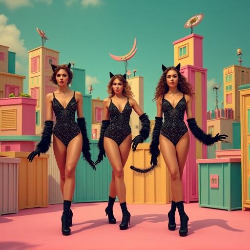 Vibrant vintage stage performance featuring glamorous dancers. Dancers in cat-themed costumes wear sequined bodysuits. They have black cat ears and fluffy tails. Long black gloves and high heels complete their look. Background depicts colorful cartoon-like cityscape with pastel fences and oversized crates.