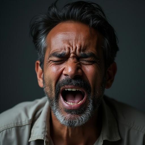 Close-up portrait of a middle-aged Indian man experiencing deep emotional pain. His eyes shut tight with tears, mouth slightly open. Unkempt hair; skin appears sweaty. He wears a wrinkled button-up shirt. Background is dark grey. Minimalist design highlights raw emotion. Studio lighting accentuates skin texture.