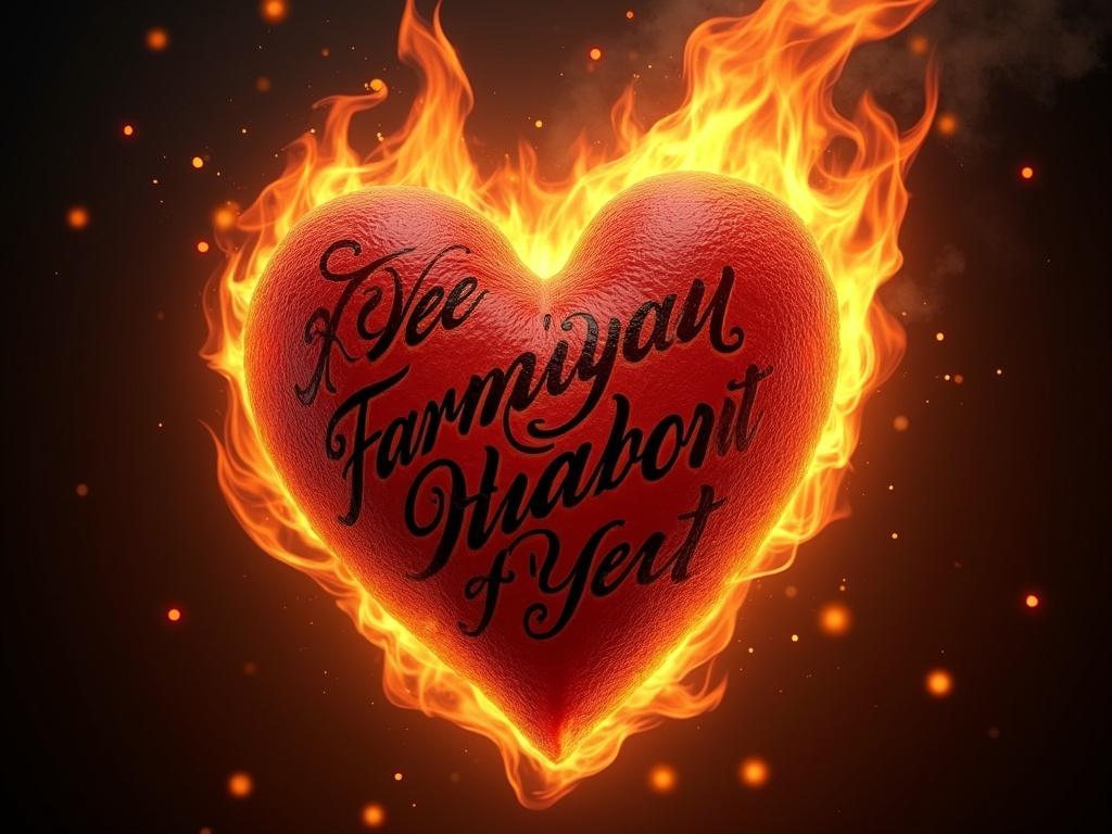 The image features a realistic heart engulfed in intense flames, showcasing vivid reds, oranges, and yellows. The heart is either anatomically accurate or a stylized classic symbol heart, giving it depth and character. It has intricately tattooed inscriptions that look engraved or inked on its surface, displaying lettering in either elegant script or bold, rebellious tattoo style. The flames appear to dance actively, illuminating the heart in a captivating manner. The background is dark or slightly smoky, enhancing the glowing effect of the flames. This composition evokes an emotional, passionate atmosphere that captures the viewer's attention.