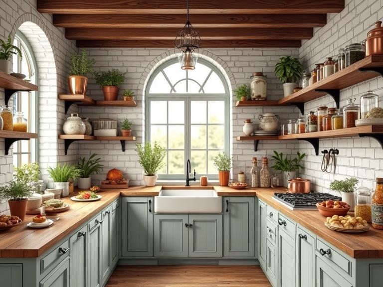 Charming kitchen designed like a vintage European apothecary blended with a high-end patisserie. Features aged white subway tiles and exposed wooden beams. Counters with butcher block and marble. Glass jars of herbs and pastries under cloches. Copper pots hang. Large arched window with soft morning light. Open shelving with ceramicware. Vintage charm and cozy maximalism style, watercolor illustration.