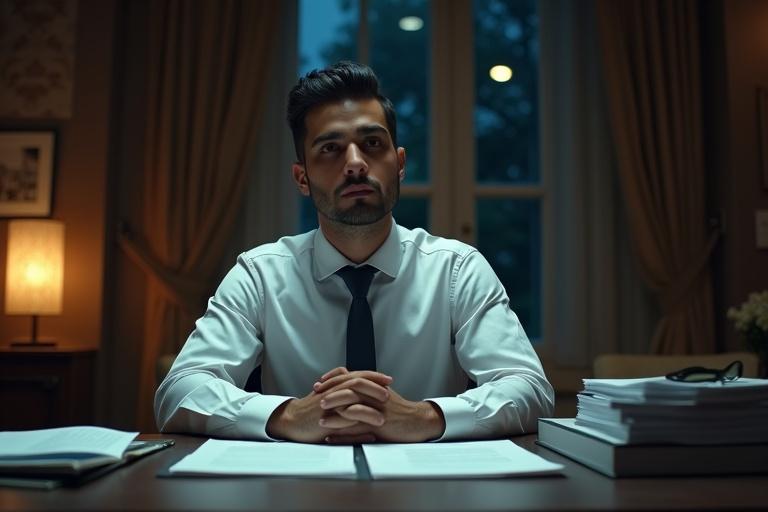 Young successful Muslim man in a luxurious office at night. Surrounded by documents and gadgets. Emotionally empty appearance. Cinematic lighting enhances the scene. Realistic style depicting solitude.