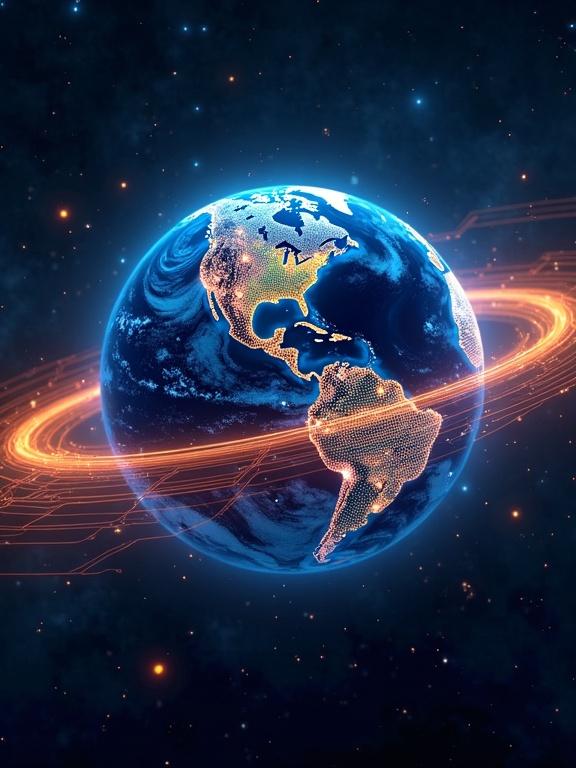 Digital artwork shows glowing Earth with bright dots representing data flow. Vibrant orange and blue light swirl around depicting data highways. Futuristic theme emphasized with circuit patterns.