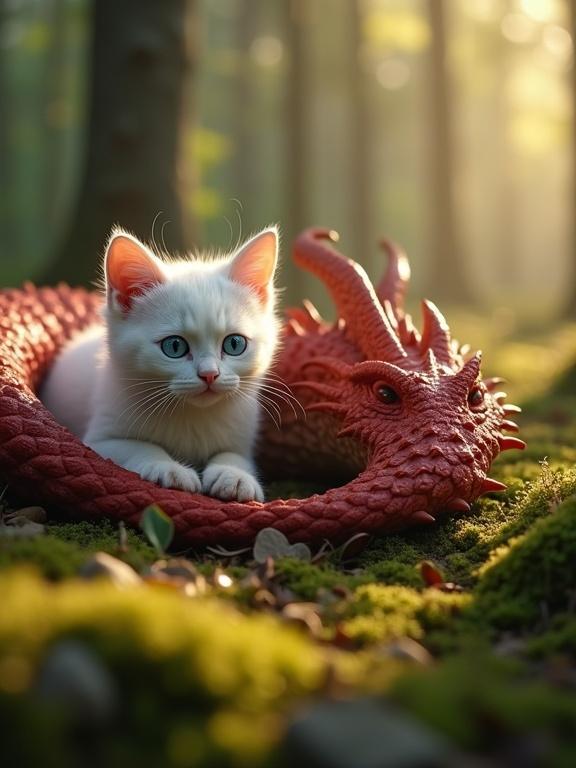 White anthropomorphic cat with blue eyes wakes up on forest floor. Furry humanoid feet rest on red-scaled body of sleeping dragon. Mossy ground. Golden morning light filters through trees. Dragon breathes softly. Ultra-realistic with natural lighting. Vertical 9:16 8K.