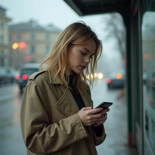 A young woman stands under a bus stop shelter in a rainy city. She looks at her phone while a car passes by. She wears an oversized trench coat. Her hair is slightly frizzy and a raindrop is on her eyebrow. A crumpled newspaper is at her feet. The overall mood is candid and reflective.