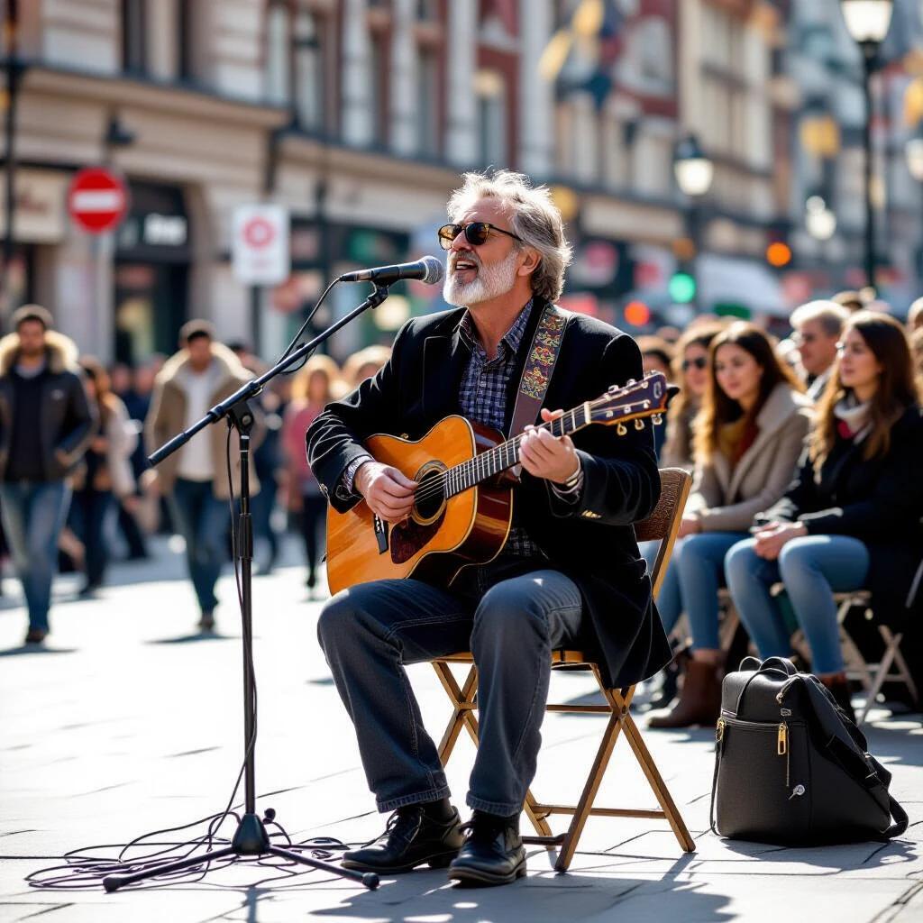 A street performer sitting on a folding chair playing an acoustic guitar while singing into a microphone. Background shows buildings and pedestrians indicating an urban environment. Performer wears a dark coat, focused expression, immersed in music. Warm tones with sunlight on performer and surroundings create a relaxed atmosphere. Several audience members in blue clothing enjoy the performance with their backs to the camera. Scene embodies the charm of street art.