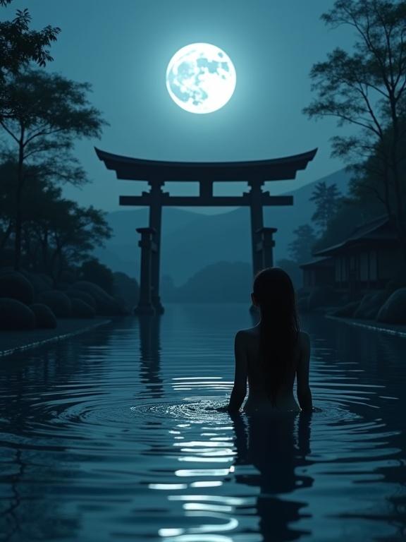 Image of a woman bathing in a temple pool under the full moon. Traditional Shinto Shrine and Torii gate in the background with a serene landscape.