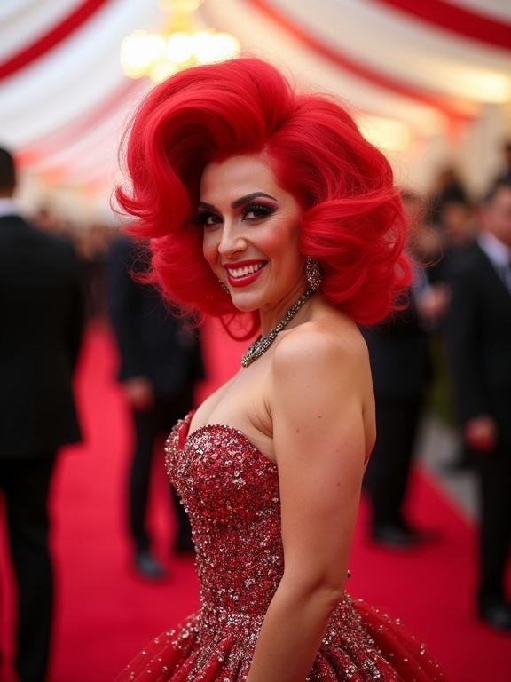 Red carpet event featuring a smiling drag queen dressed glamorously with a vibrant red curly wig. Blurred background with people in formal wear. Bright and lively scene.