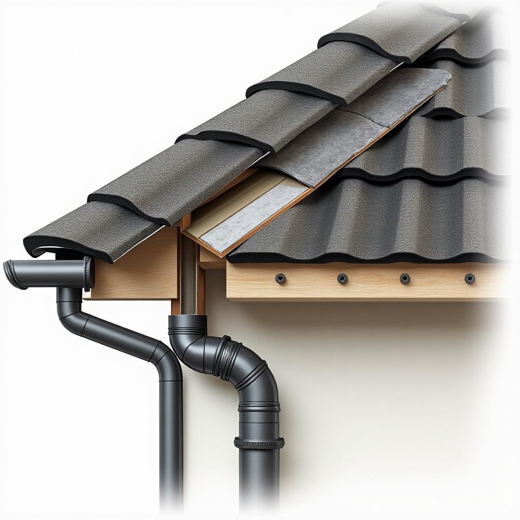 Detailed illustration of a roof intersection showing drainpipe and roofing elements. Highlight all components necessary for roof intersections. Depict materials and textures clearly.