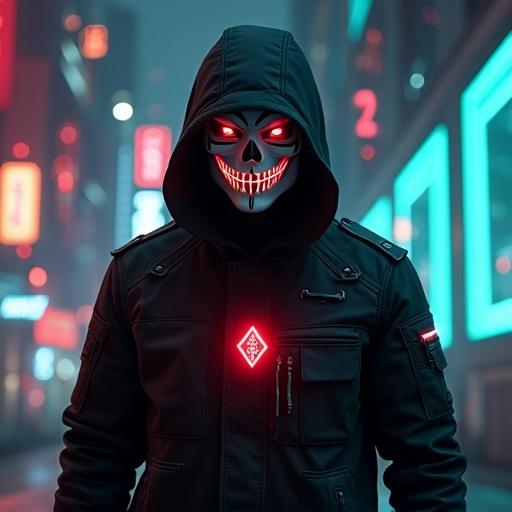Mysterious figure in cyberpunk city wearing black tactical hooded jacket with eerie mask. The city at night features floating numbers and glowing windows. Neo-noir style emphasizes contrasts and shadows. Portrait photography with neon accents.