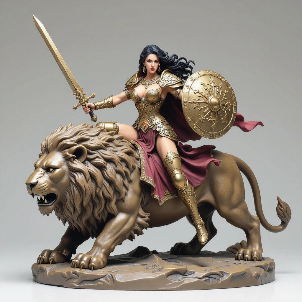 Ultra-detailed resin sculpture of a dominant female figure on a lion. Figure brandishes a sword and shield. High detail for resin printing. Epic and powerful aesthetics. Female version of a fierce goddess. Connected components for stability.