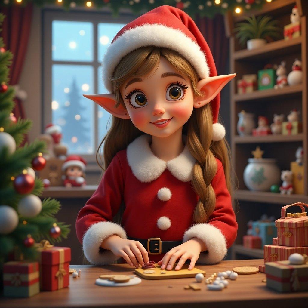 A Christmas elf making toys in Santa's toy shop. The elf has long light brown hair and pointed ears. The setting is festive with Christmas decorations.