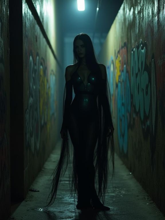 In a dimly-lit alley, a selkie emerges from shadows. Her dark form contrasts with graffiti walls. The photograph reveals her oceanic origins through iridescent skin. Light and shadow enhance her allure.