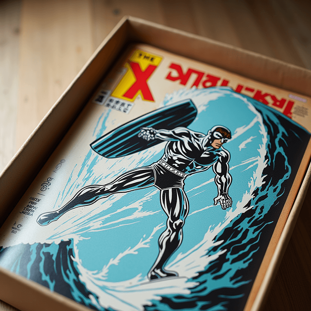 A comic book with a superhero on a surfboard riding a giant wave, encased in a protective box.