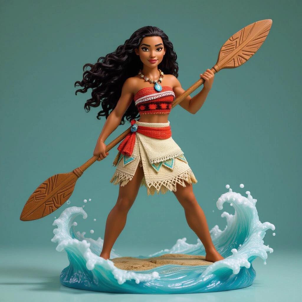 Super-stylized resin figure inspired by Princess Moana. Slender fit powerful woman inspired by an ocean princess. Standing pose with one leg forward. Stylized tribal dress in earth tones turquoise blue. Holding a carved ceremonial oar in resting position. Hair is long and wavy moved by sea breeze. Expression conveys security freedom connection with nature. Base represents rocky platform surrounded by magical moving water.