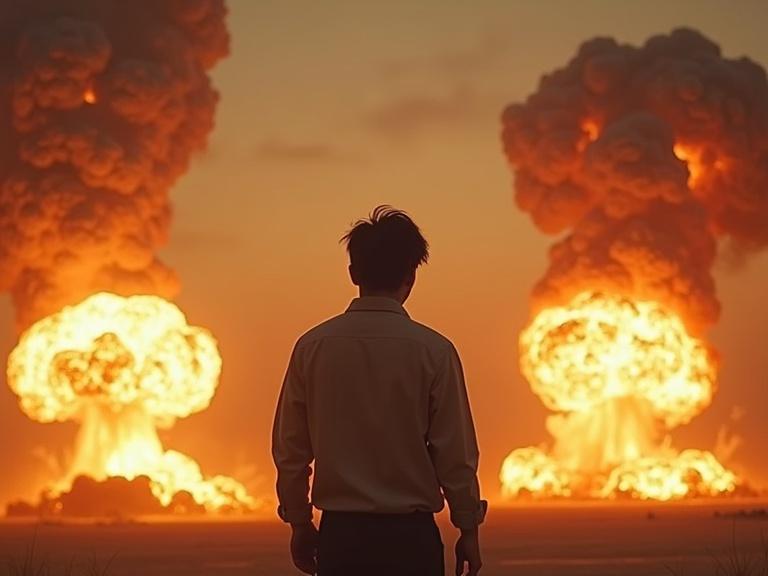 Dramatic YouTube thumbnail featuring a shocked middle-aged Japanese man with black short hair and partially burned face. Positioned between two large nuclear explosions. Left explosion labeled Hiroshima; right labeled Nagasaki. Dark sky with fiery clouds; intense orange light from explosions. Large white text at top: 'SOBREVIVIÓ A 2 BOMBAS'; yellow dramatic text at bottom: 'TSUTOMU YAMAGUCHI'. Composition optimized for 1280x720px with high contrast and cinematic style.