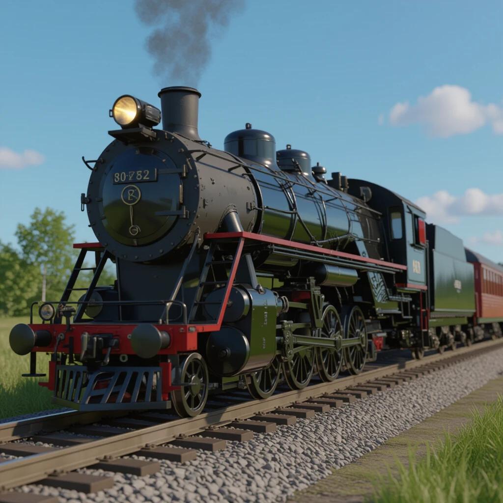 A vintage steam locomotive on railway tracks. The scene shows a black and green locomotive with smoke coming from the chimney. The train moves past green trees under a blue sky. The image captures fine details in the engine and train tender.