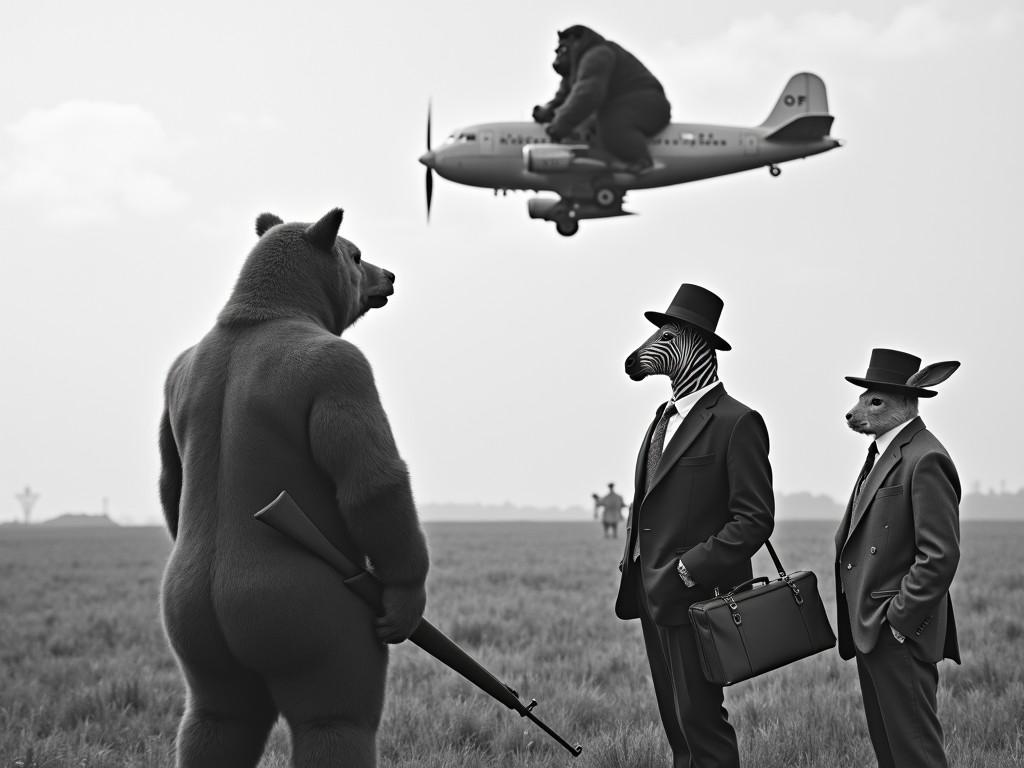 In a surreal black and white scene, a bear holding a rifle stands on the grass observing a zebra and a rabbit wearing suits and hats. Above them, a giant gorilla is riding an airplane, adding to the fantastical elements of the image. The barren landscape contributes to the otherworldly ambiance.