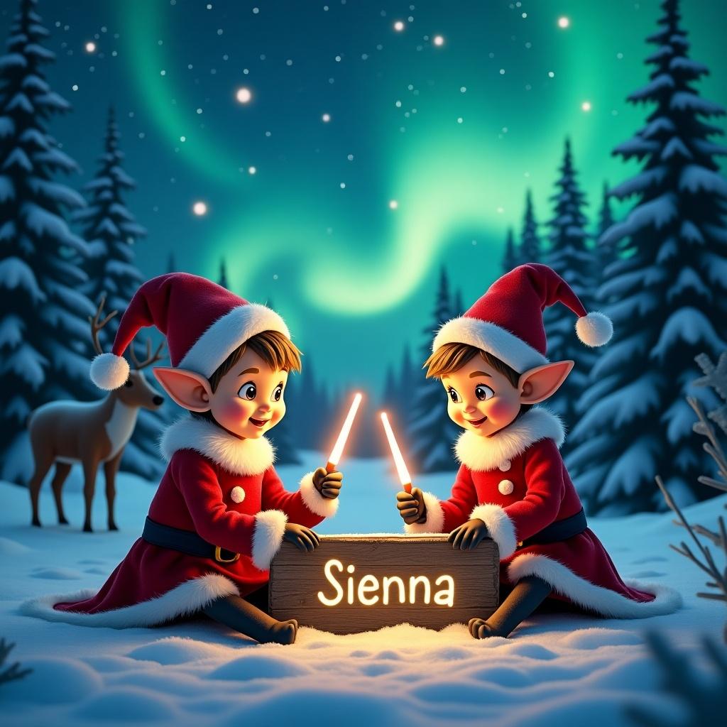 The image features two traditional elves in a snowy forest. They use glowstick wands to write on a wooden sign. Name is 'Sienna'. Night sky has stars and northern lights. Elves wear festive outfits. Snow-covered pine trees surround them. A reindeer is in the background.