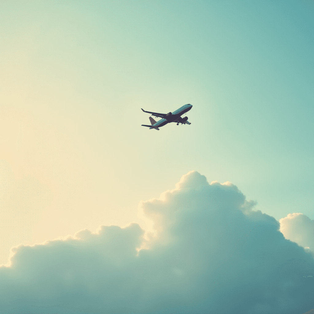 A commercial airplane soaring above clouds in a sunlit sky.