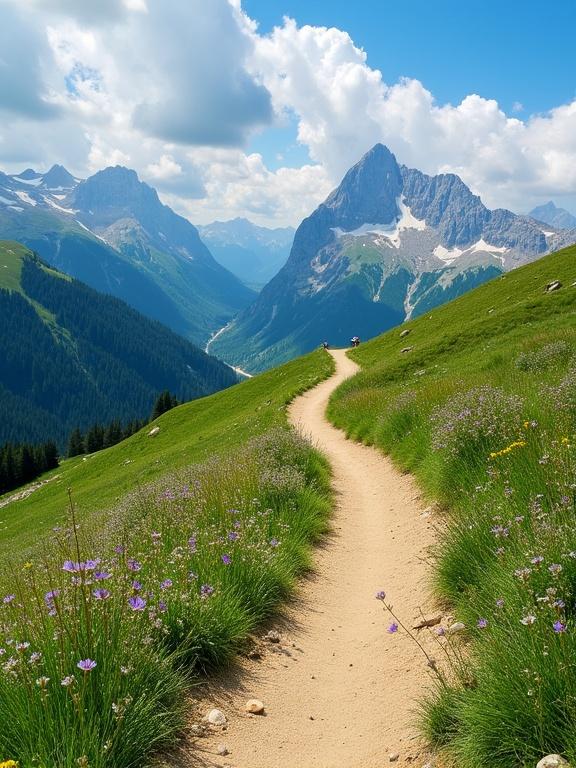 The image displays a winding dirt trail on a green mountainside. The trail is narrow and light brown, surrounded by vibrant grass and small rocks. Purple wildflowers bloom along the sides. Behind the trail are rolling hills and tall mountains, some topped with snow. A bright blue sky with fluffy clouds is above.