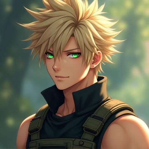 Portrait of a male anime character with spiky blonde hair and green eyes. Features defined muscular build and strong jawline. Wears sleeveless tactical gear. The background is soft and blurred with a warm ambiance. Image is detailed and high resolution.