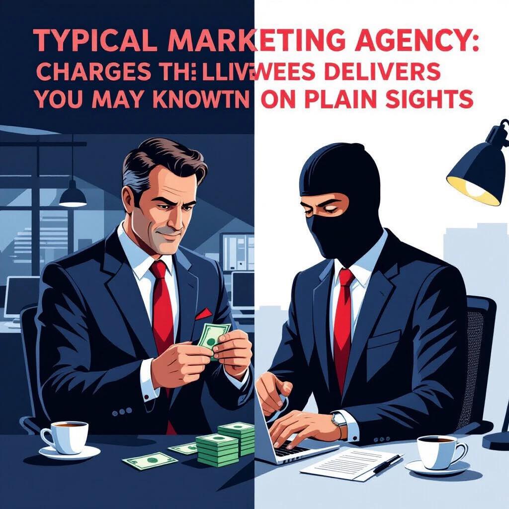 Infographic with two panels. Left panel features shady man in business suit stealing items in an office. He smirks and the background is dim. Right panel shows energetic young marketer in casual attire with a sign. Bright office space filled with startup elements. Text displayed shows contrasting messages of each side. Modern design with clear branding.