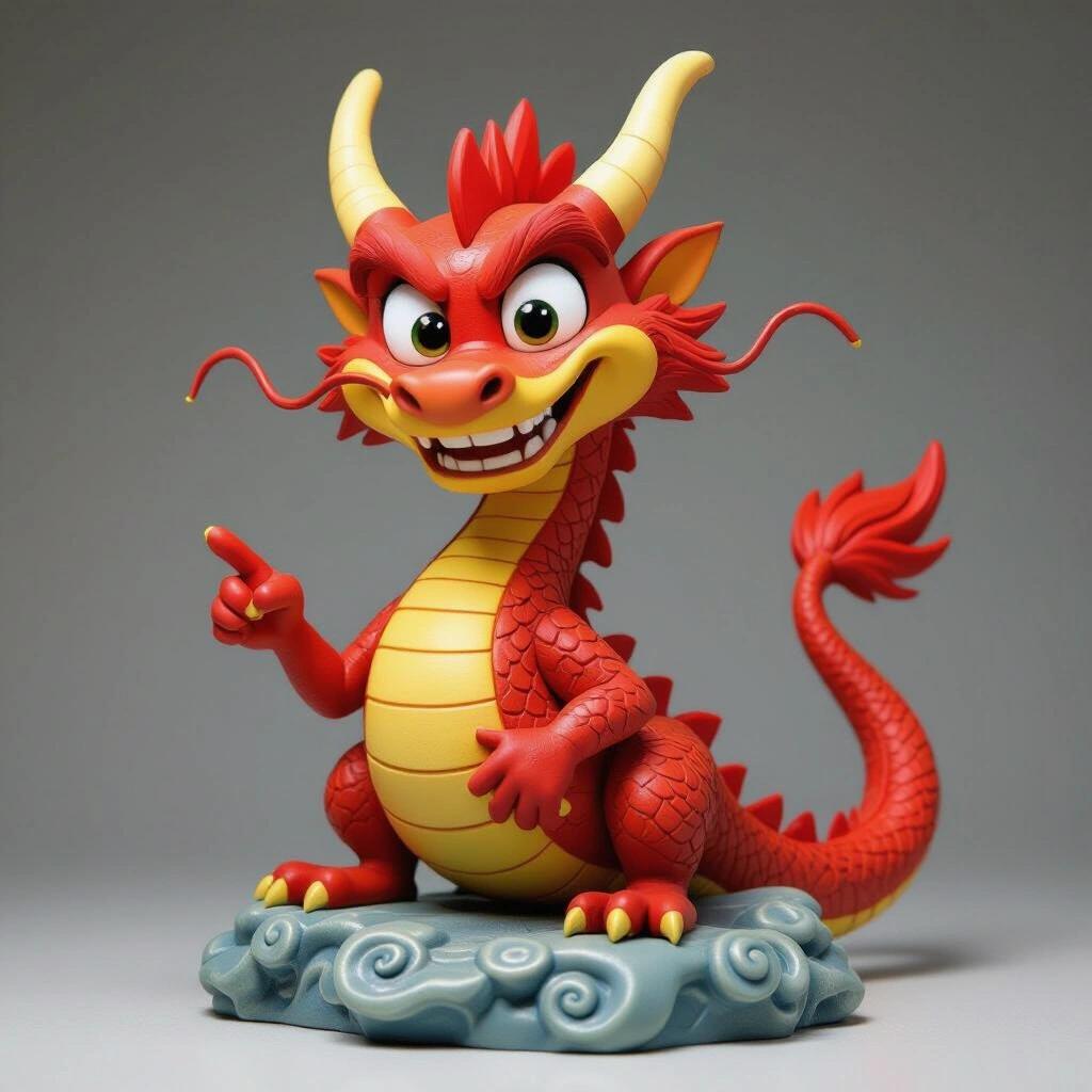 Stylized red dragon figurine with a mischievous expression and confident smile. Features curved horns, yellow belly, and long flowing tail. Glossy finish with a detailed base. Dynamic pose with one hand raised and the other pointing. Front-lit for vivid colors.