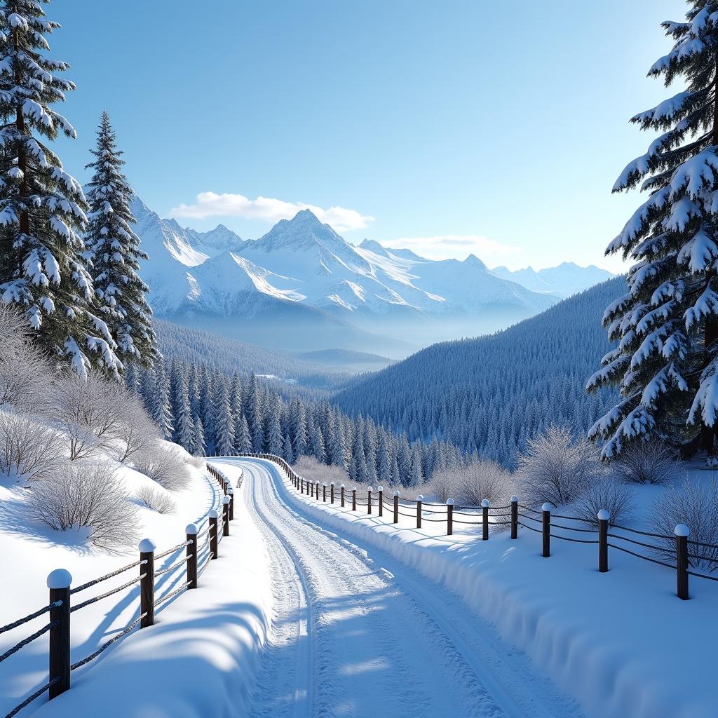 Professional landscape photography showcasing a picturesque winter scene with a winding snow-covered path. Path surrounded by wooden fences and snow-laden trees. Background features snow-capped mountains under clear blue sky. Captures serene beauty of winter wonderland.