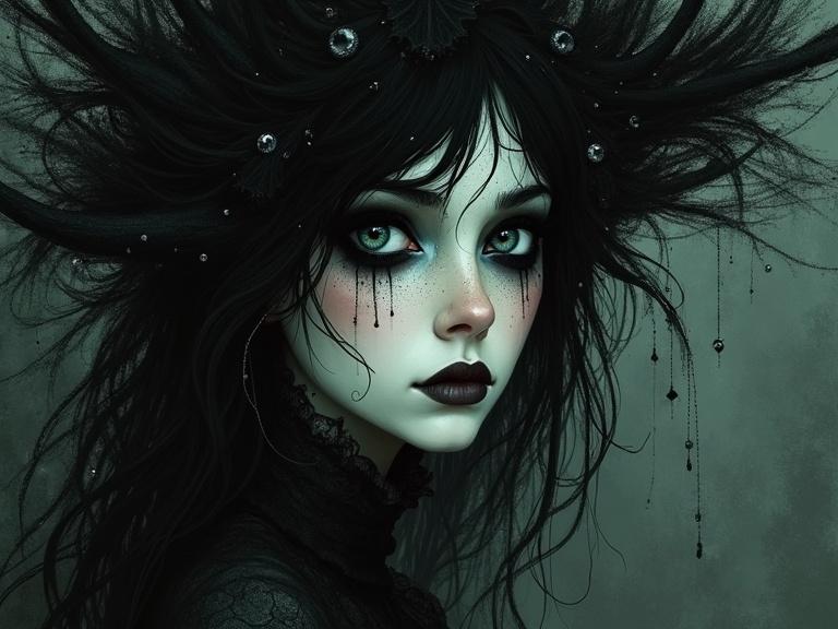 A mysterious female character with gothic features. She has deep, dark eyes and an ethereal appearance. Her hair is intricate and wild. The ambiance is dark and mystical, representing themes from fantasy stories.