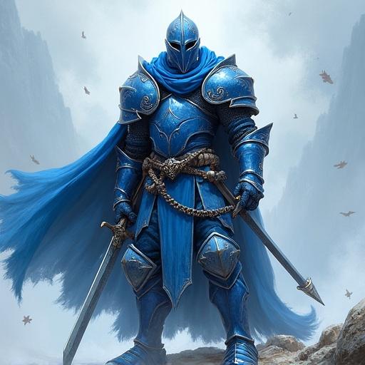 A Blue Dragonborn Knight stands tall in a misty mountainous landscape. The knight is clad in intricate blue armor with silver accents. This character holds a sword in one hand and wears a determined expression. Majestic mountains loom in the background with soft mist swirling around.