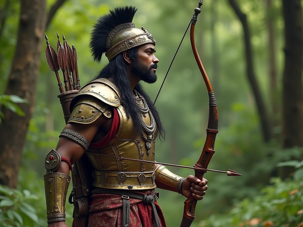 Hindu warrior wears an armored suit. Holds a bow and arrow. Historical influences visible. Surrounded by a lush green forest.