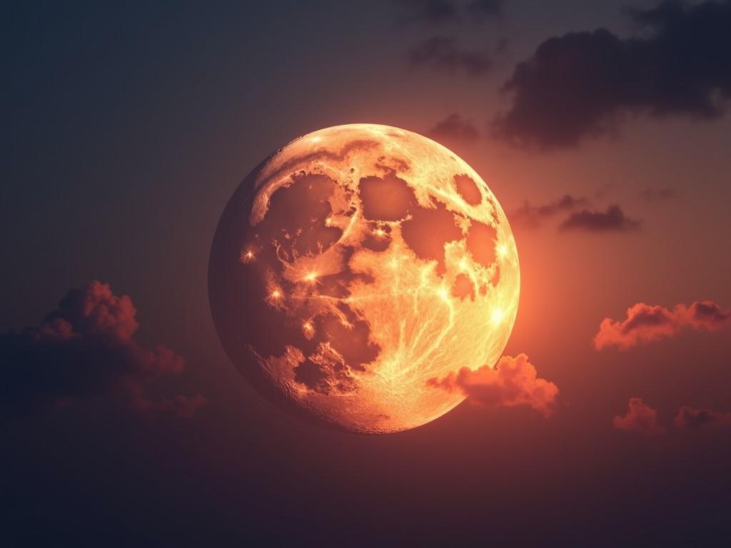 An ethereal image showcasing a luminescent full moon glowing with fiery orange hues as it hangs in a dusky sky partially obscured by swirling clouds. The intense coloration of the moon gives an impression of it being ablaze, creating a surreal contrast against the darkening atmosphere.