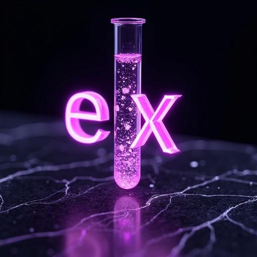 Ultra-detailed close-up of a glowing test tube filled with swirling purple liquid. Test tube replaces 'a' in 'Labs'. Text reads 'eX L[test tube]bs' in bold Montserrat font. Background features black marble and carbon fiber designs with circuit patterns. Sci-fi lighting enhances the image. Style reflects cyber-minimalism and Dieter Rams influence.