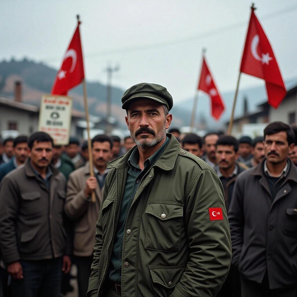 Ibrahim Kaypakkaya in 1970s Turkey stands among workers and villagers. Military-style jacket and cap worn. Rural assembly with revolutionary posters in background. Red flags hanging from wooden poles. Overcast sky with gritty documentary style.