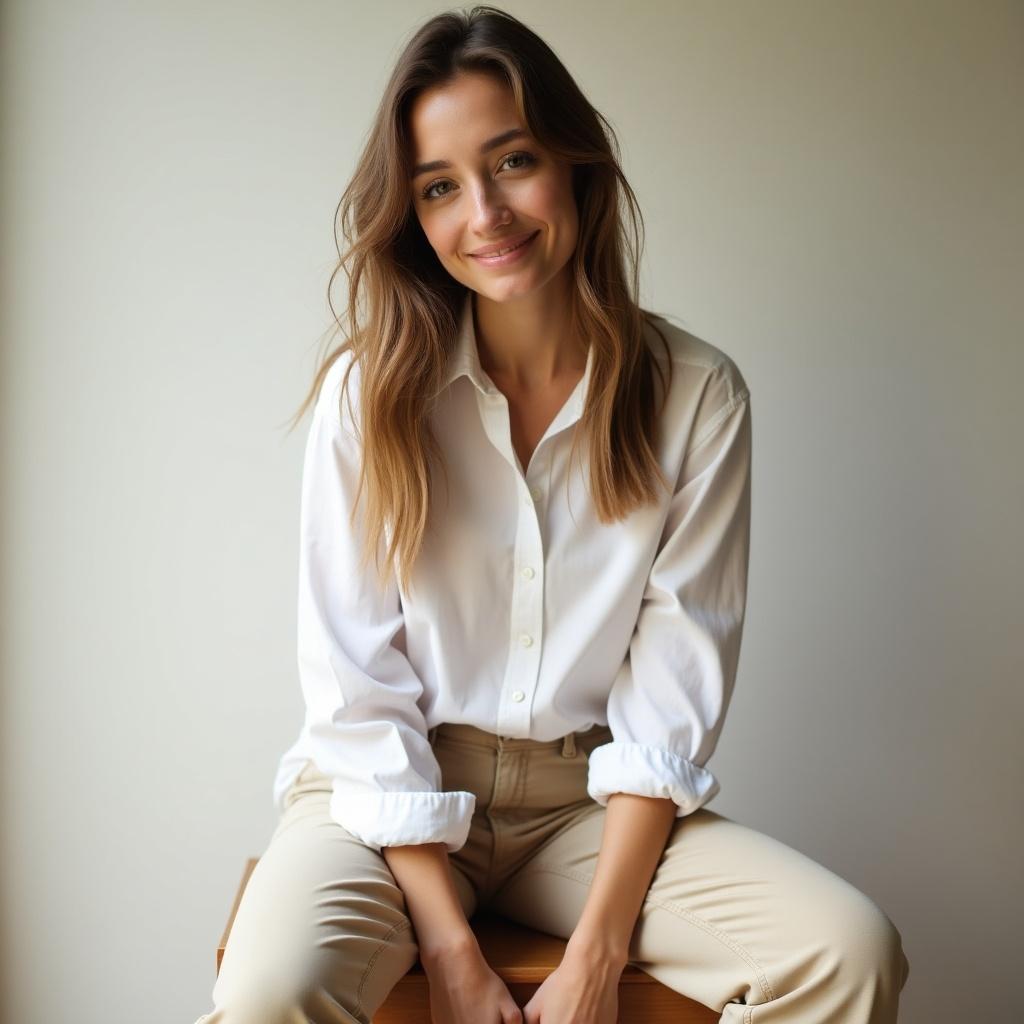 A young woman sits on a wooden stool. She wears a white shirt and beige trousers. Hair cascades over her shoulders. Soft natural lighting creates a warm atmosphere.