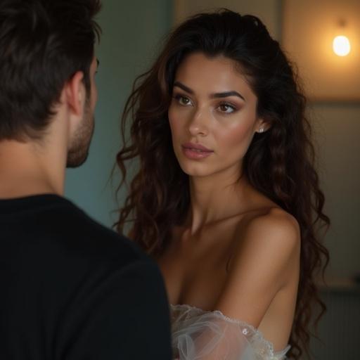 A beautiful woman manipulates a man in a close-up portrait. Soft natural light highlights their features. The woman's expression is engaging and confident. The background is blurred.