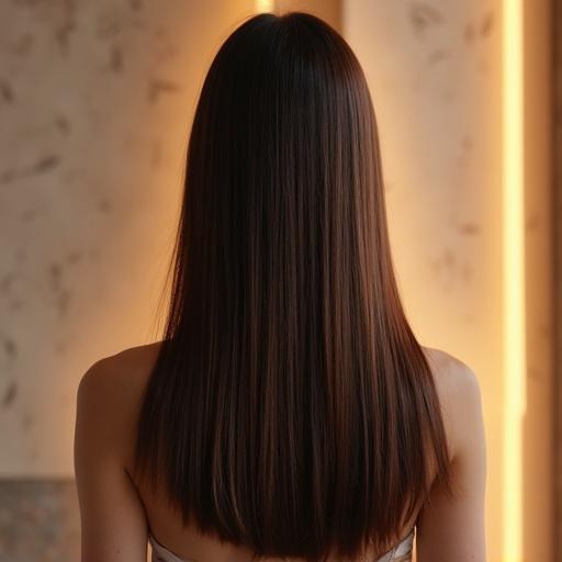 Long straight hair viewed from the back. Shiny and beautifully styled. Halo effect of the hair creates an angelic appearance. Focus on hair texture and shine.