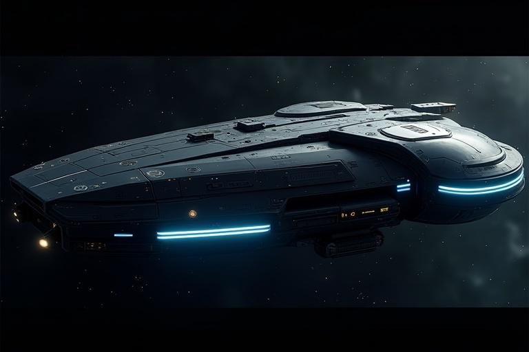 Close left side view of a sleek futuristic spacecraft in deep space. Matte black and metallic silver exterior with glowing blue light strips. Layered panels and sci-fi symbols on the surface. Heat vents emitting faint glow. Smooth curves and sharp angles suggest high-speed capability. Interior lights faintly visible in windows. Dark space background with scattered stars and possible nebula.
