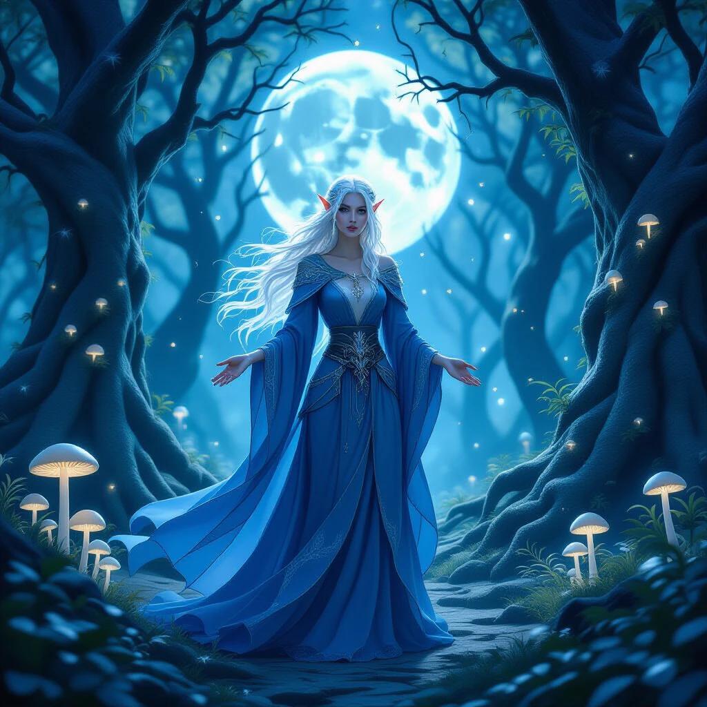 Serene elven sorceress with glowing white hair stands in ancient moonlit forest. She radiates wisdom and magical power. Flowing sapphire robe ripples softly. Towering trees with silver moss and glowing mushrooms surround her, forming a sacred circle. The air shimmers with drifting magic. Scene painted in pale blues and silvers. Illustrated in high-fantasy art style with soft vignette.