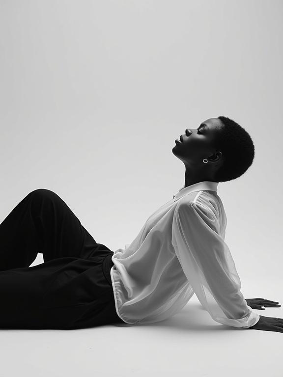 Black and white editorial photography features a young black woman. She is posed relaxed on the ground. The model wears a white tulle shirt and loose black pants. The shot is slightly tilted from a low angle. The image has a minimalist and contemporary aesthetic. Soft lighting highlights skin smoothness.