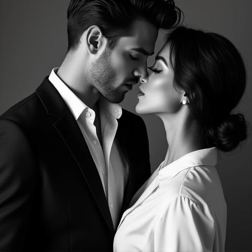 Black and white image of a handsome man in a black suit and a beautiful woman in a white shirt. They are embracing closely while she bites her lips. A romantic and emotional moment captured in a close-up.