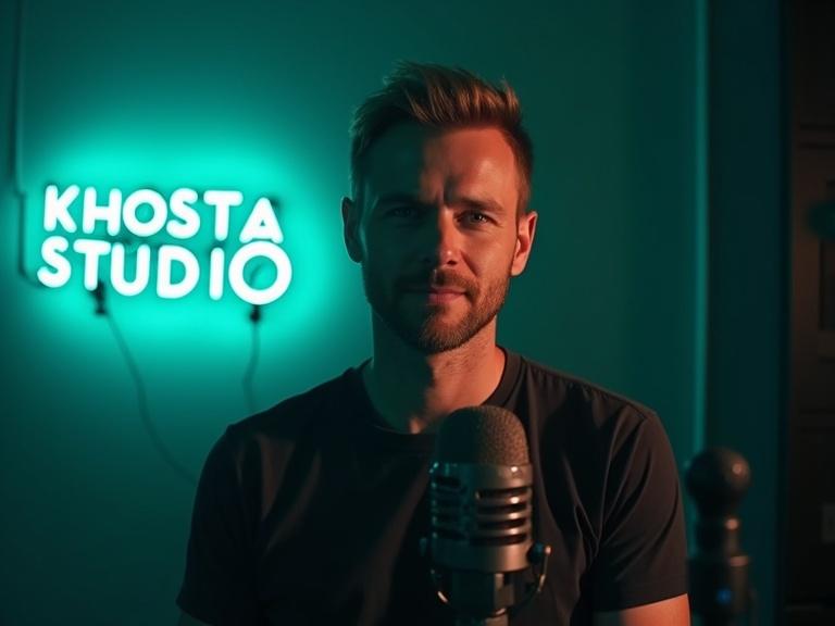 A man is in a podcast studio. He appears serious while looking towards the camera. The background features teal neon lights and a sign reading 'KHOSTA STUDIO'. He has short light hair with no beard, wearing a dark t-shirt. A professional microphone is in front of him. The atmosphere is light and cinematic.