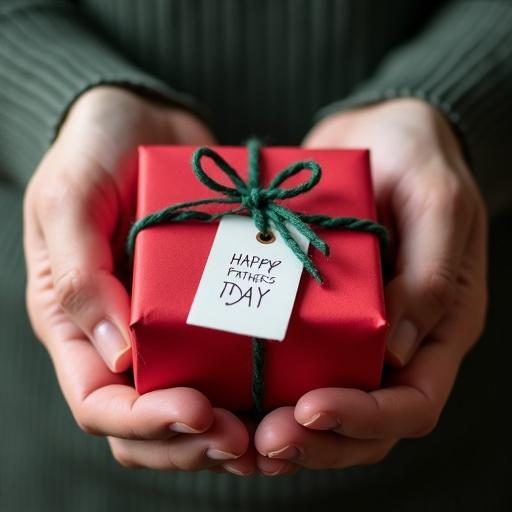 Hands hold a small red gift box. Box is wrapped in red paper and tied with green twine. Tag attached to the gift says Happy Father's Day. Image focuses closely on hands and present to emphasize intimacy.