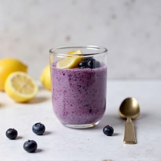 Glass of blueberry lemon chia pudding topped with blueberries and lemon slices. Yellow lemons in the background. Spoon beside the glass on a light surface.