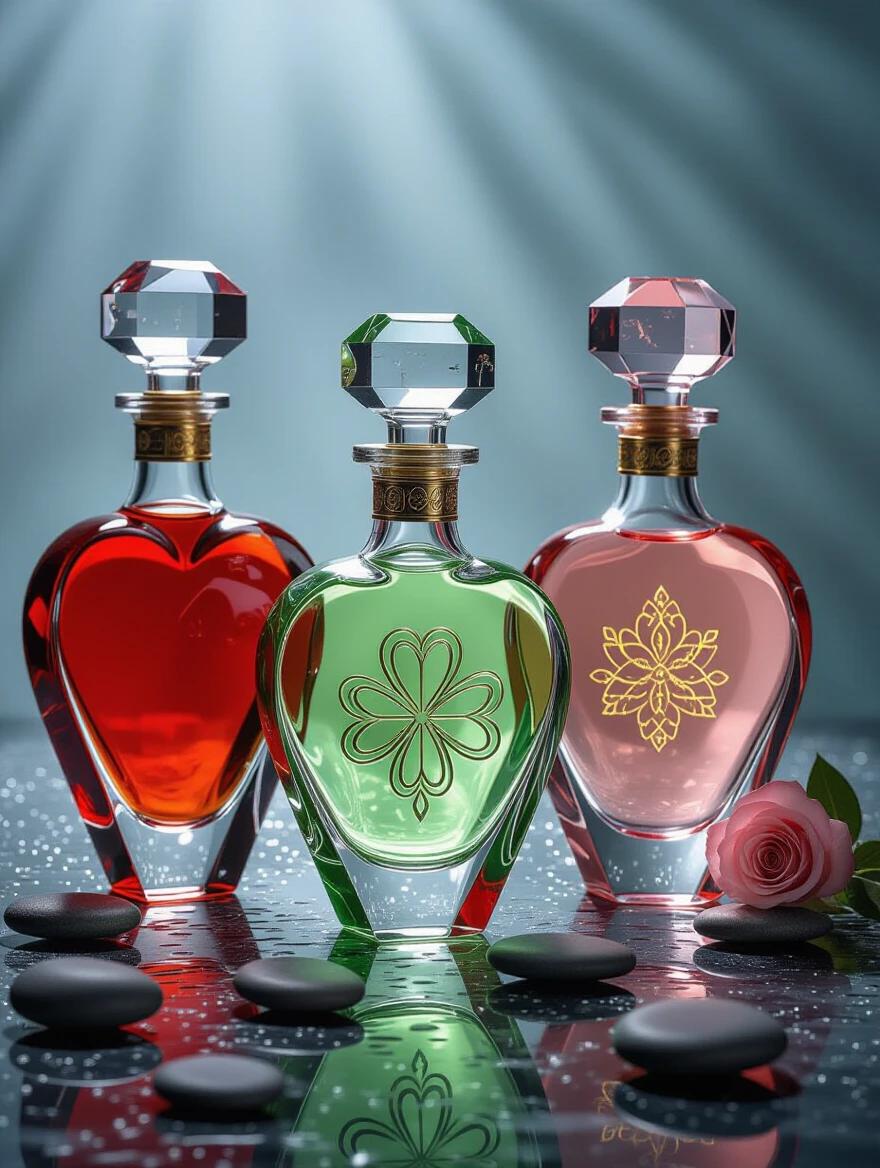 Image of elegant clear bottles with unique designs. Heart-shaped bottle with red liquid. Clover design bottle in green. Rose-shaped bottle with pink color. All are floral bath products. Bottles shine radiantly. Stones surround bottles engraved with glowing viking runes. Overall looks professional and realistic in 4K, with very good lighting.