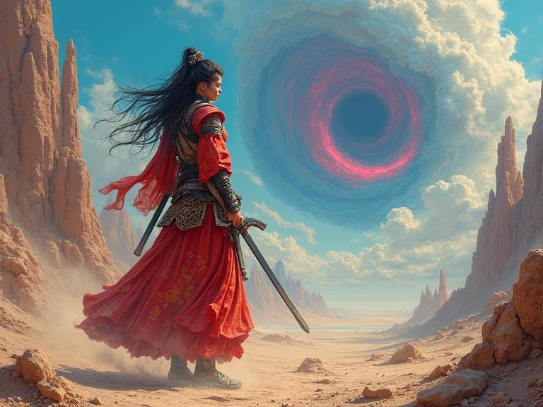 Cosmic Samurai Princess stands in a desolate landscape. Jagged rocks surround with swirling dust devils. An otherworldly atmosphere pervades. Inspired by Yoshitaka Amano and H.R. Giger. Scene captures cosmic warfare essence in vibrant colors. Hyperrealism oil on canvas.