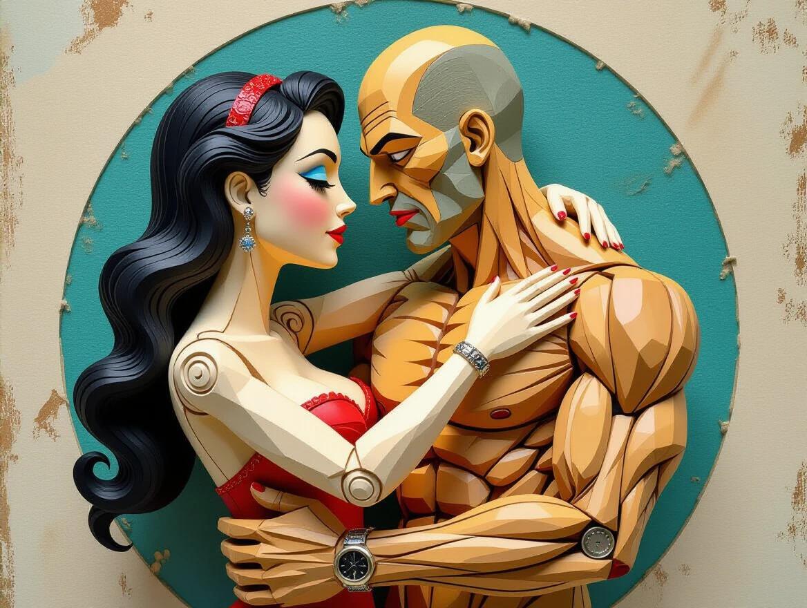 3D wooden puppet woman without strings embraces a muscular pale man. Whimsical colorful artwork inspired by master artists. Creates a unique blend of folk and modern styles.