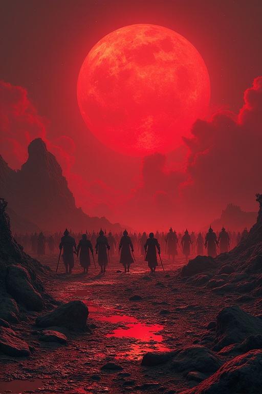 Images of a wasteland filled with broken glass under a huge red moon and a shadowy army marching towards the viewer
