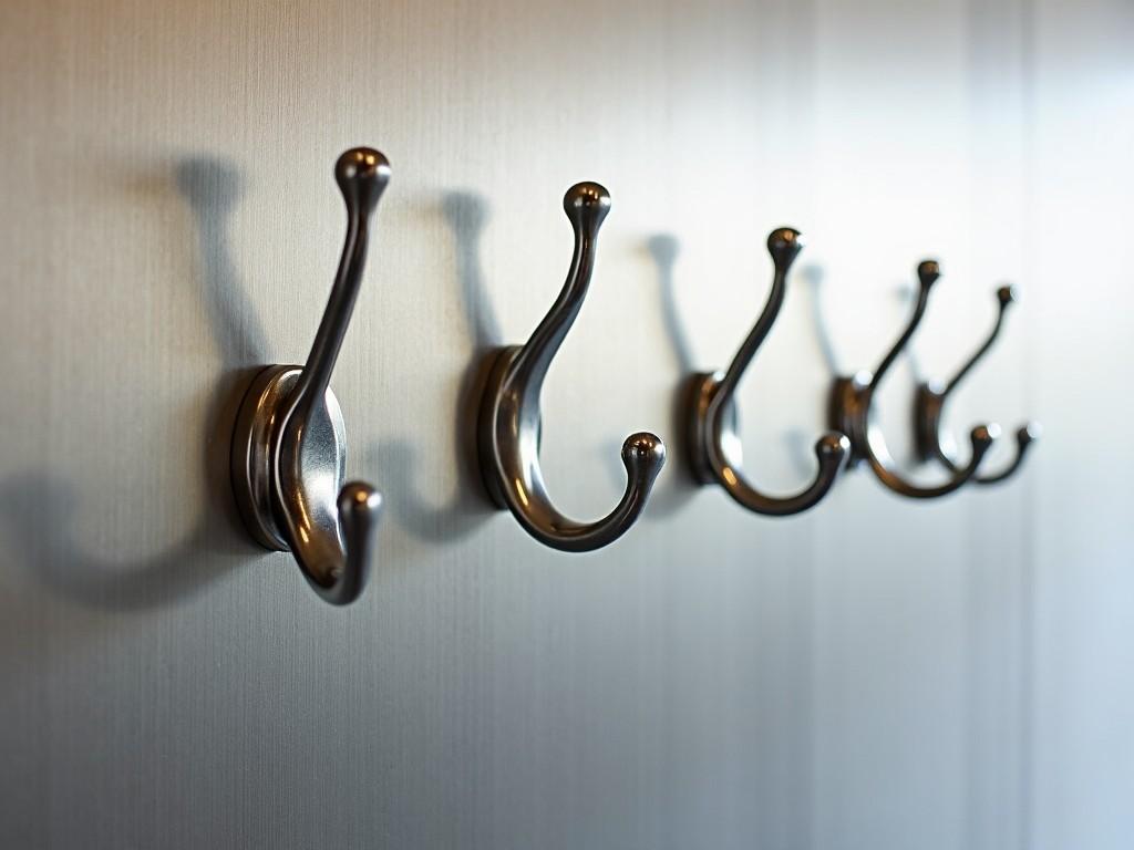 The image showcases a sleek row of five modern wall hooks. The hooks are metallic and silver in color, set against a muted gray wall. Each hook displays a stylish curve, emphasizing a blend of functionality and aesthetics. Soft lighting enhances the metallic finish, creating a visually appealing effect. This arrangement demonstrates practical home organization while maintaining an elegant design sensibility.